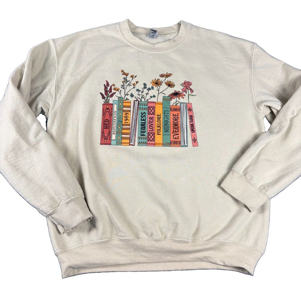 Gildan Sand Crewneck Sweatshirt Medium Taylor Swift Album Titles & Wildflowers